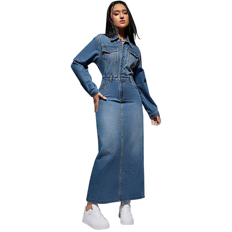 Abito lungo casual da donna in denim rilassato con bottoni sul davanti e spacchi laterali (S-2XL)_voghion.com