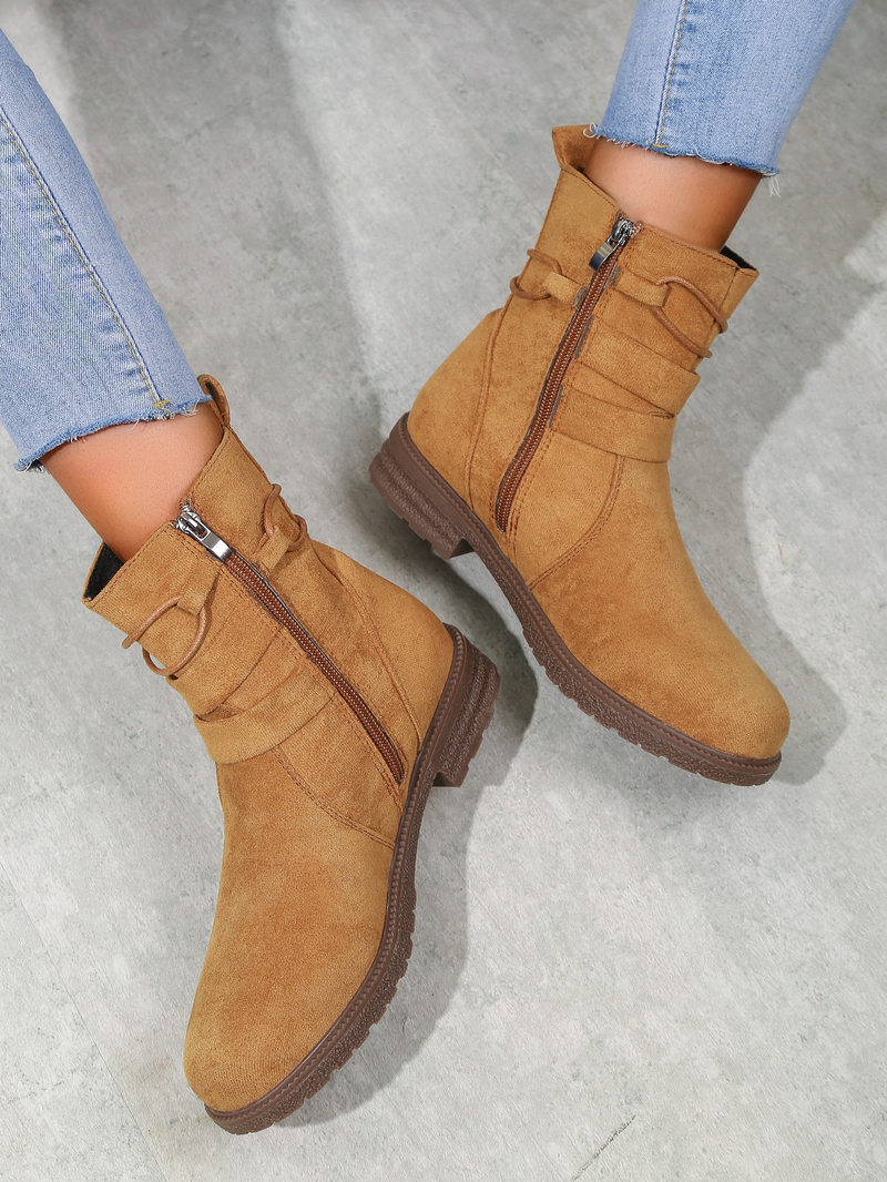 Short Booted Women's 2023 Autumn/winter New Round Head Martin Boots Side Zipper Belt Buckle Women's Boots_voghion.com