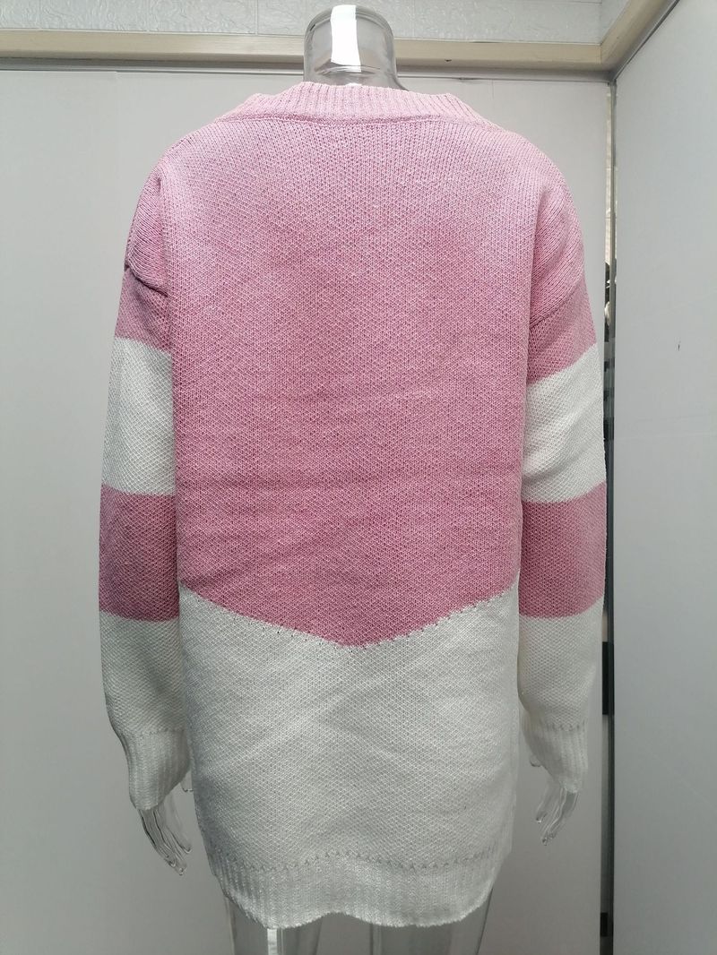 Pull ample à col en v pour femme, pull ample avec couleurs contrastées, automne et hiver_voghion.com