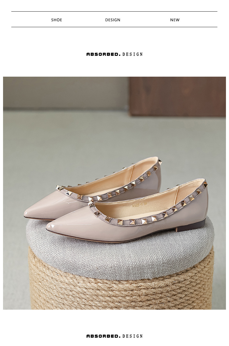 Scarpe basse francesi a punta per donna con bocca bassa, scarpe basse con suola morbida e calda in vernice rivettata Evening Breeze W925-1_voghion.com