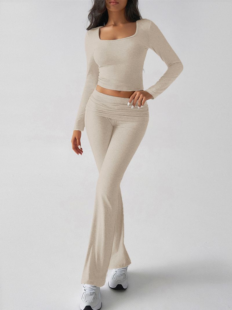 Completo da donna con top a maniche lunghe in maglia tinta unita e pantaloni da yoga – Completo casual comodo ed elasticizzato per lavoro e tempo libero_voghion.com