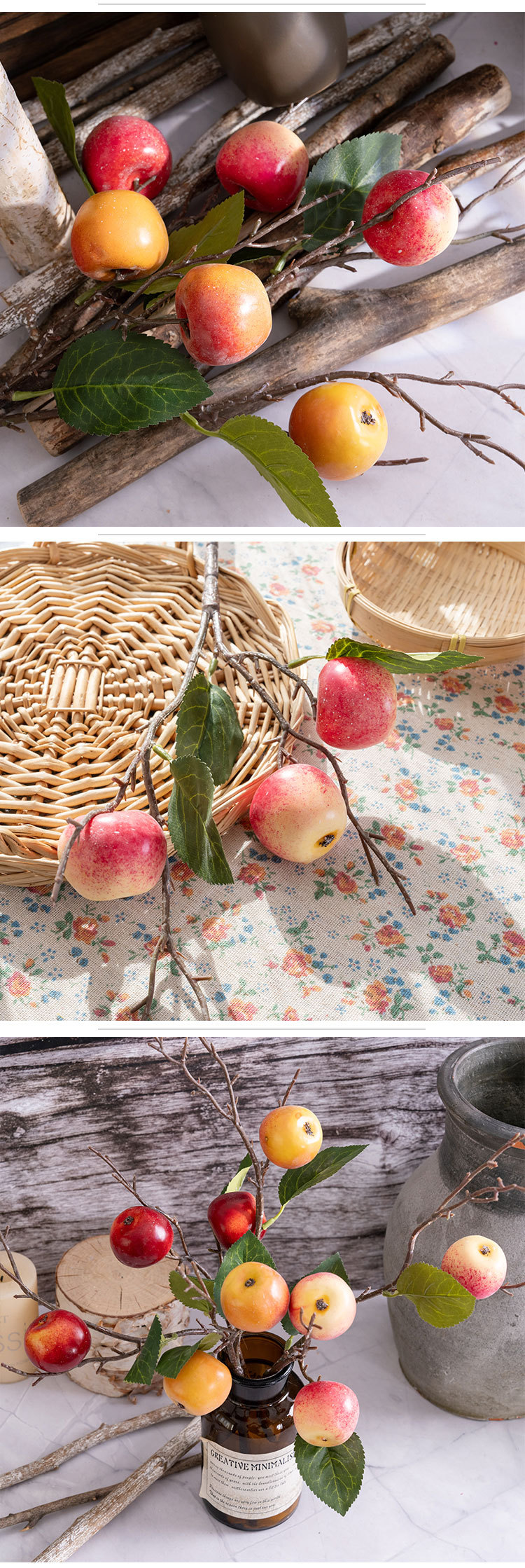 Three-headed apple short branch INS style artificial flower manufacturer home decoration cross-border wedding wholesale artificial flower MW10101_voghion.com