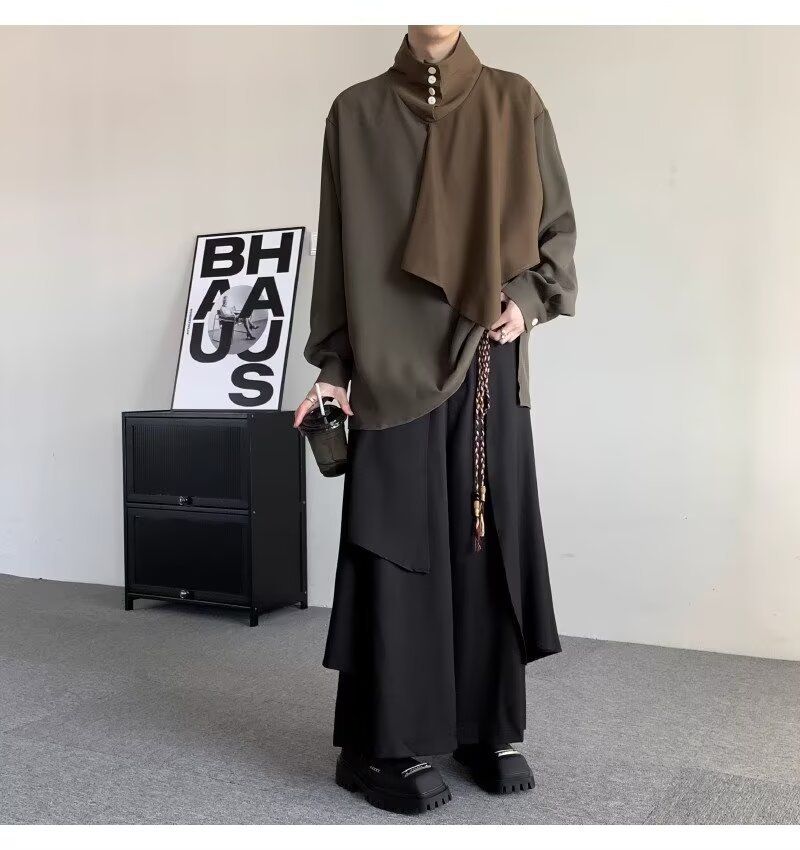 Retro dizaina raibu darbu stila krekls ar stāvapkakli, vīriešu garpiedurkņu, brīvi drapēts krekls pavasarim_voghion.com