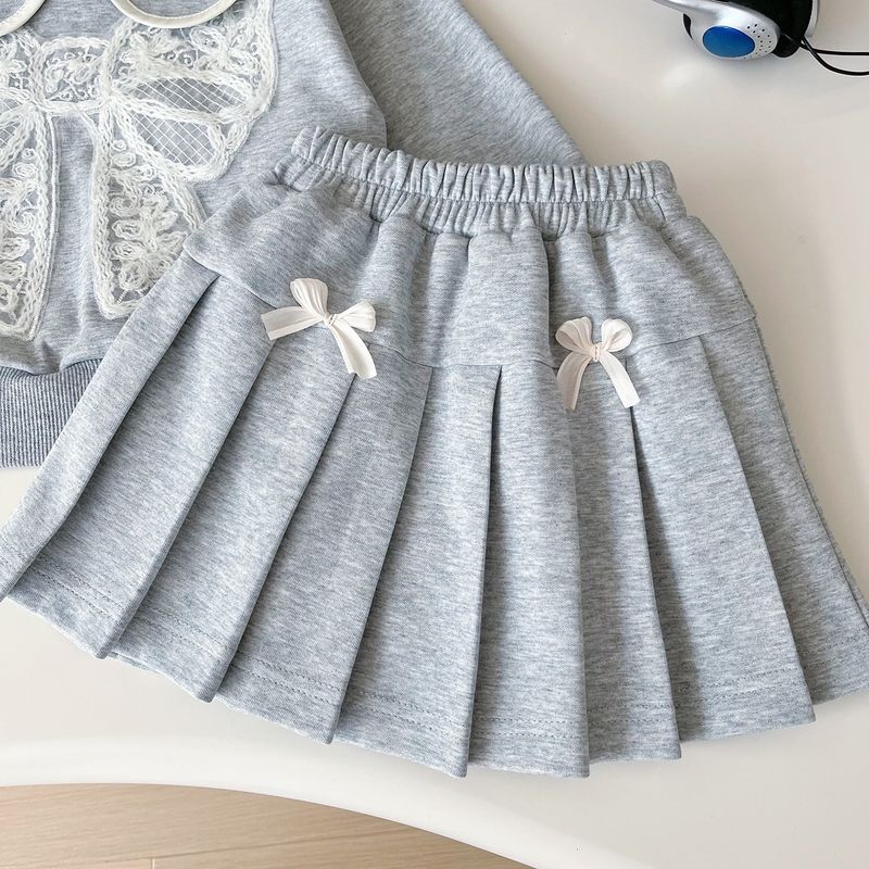 Felpa con cappuccio e fiocco per bambine in stile coreano, autunno 2025, maglietta a maniche lunghe e gonna corta per bambini_voghion.com