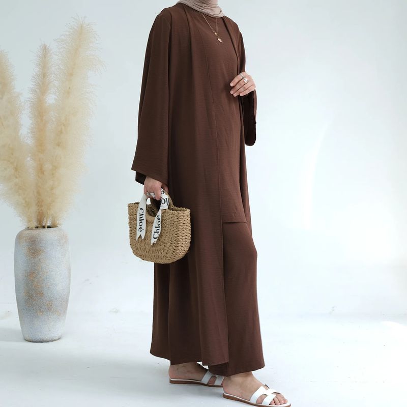 Schlichtes 3-teiliges Abaya-Set – Langärmlige Strickjacke mit offener Vorderseite, Hose mit weitem Bein und Unterkleid (Dunkelbraun/Beige/Marineblau/Schwarz/Grün/Pink)_voghion.com