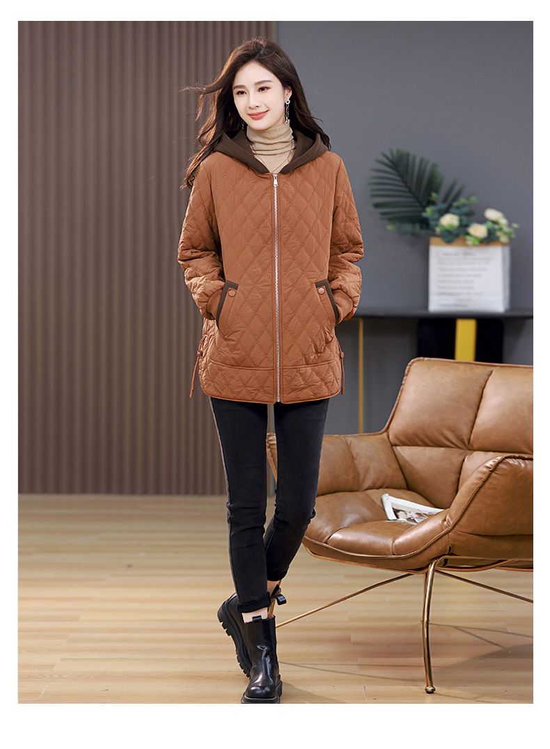 Damen Steppjacke neuer Stil mittellang modischer West-Stil Raute lässig dünner Baumwollmantel_voghion.com