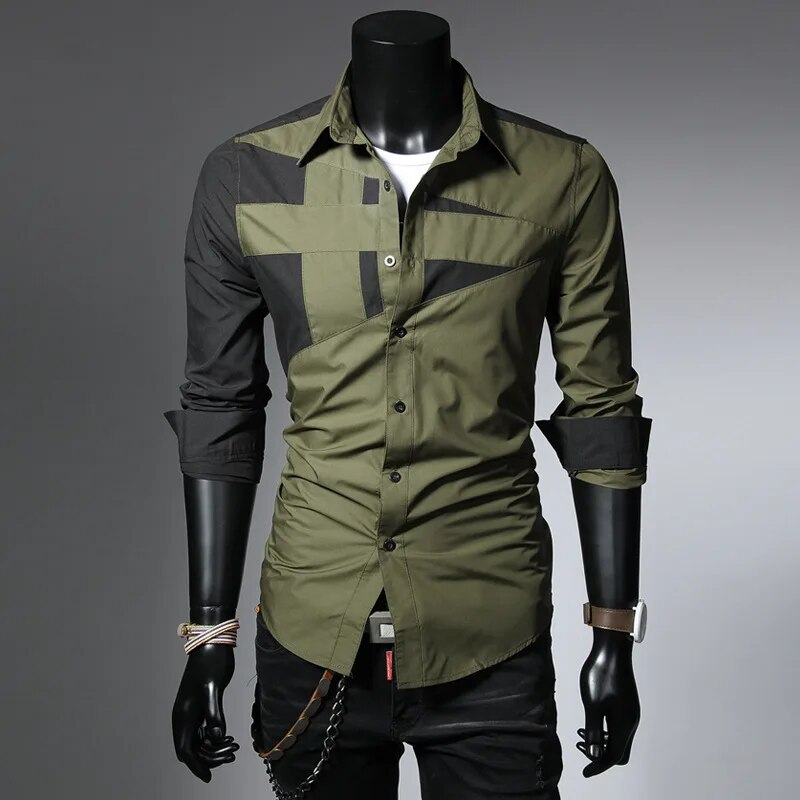 Koreańska wersja modnych męskich koszulek slim fit, modnych i spersonalizowanych patchworkowych koszul z długim rękawem, dostępnych przez cały rok_voghion.com