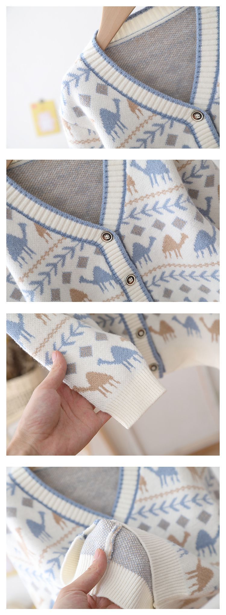 Cardigan en tricot dinosaure pour garçons et filles – Pull col en V en coton doux – Vêtements d'extérieur légers de style coréen – Blanc/Bleu clair/Jaune (80-120 cm)_voghion.com