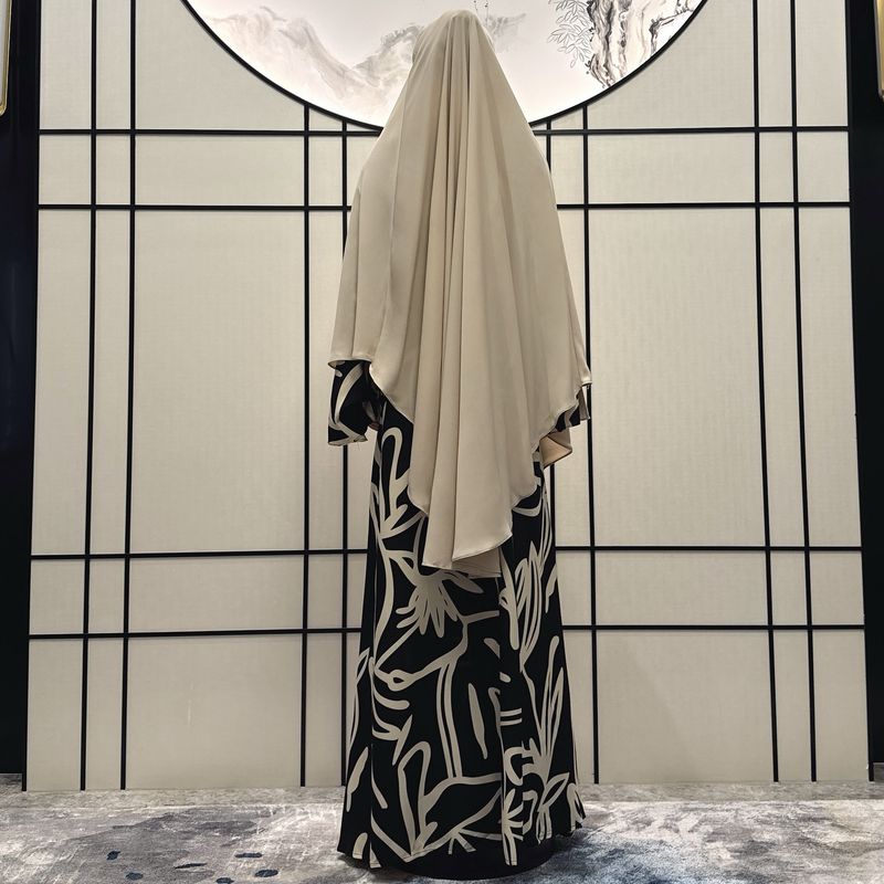 Women's Clothing Ladies Long Sleeved Robe Abaya Non Positioning Color Dress Print With Headscarf Two Piece Set_voghion.com