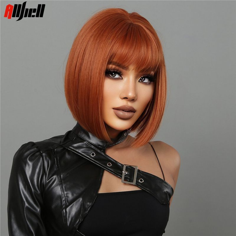 vendita calda vino rosso bob capelli cosplay halloween parrucche naturali sintetiche per le donne parrucca corta diritta con frangia ad alta temperatura_voghion.com