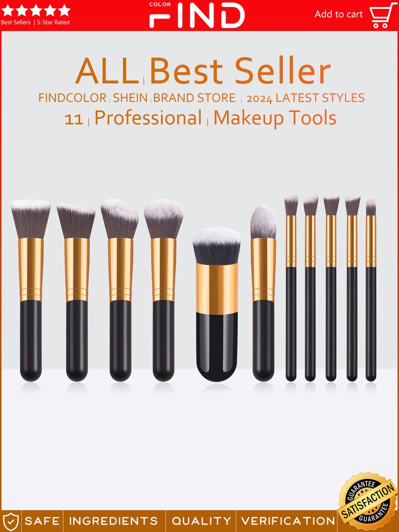 Ensemble de 11 pinceaux de maquillage couleur champagne : 5 grands et 5 petits pinceaux, dont un pinceau à fond de teint épais unique._voghion.com