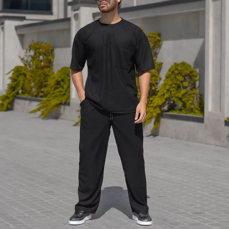 "Men's Waffle Knit Short Sleeve Set – Breathable Loose Fit Crew Neck T-Shirt & Casual Pants (Black/Grey/Khaki/Green, Sizes S-XXXL)"_voghion.com