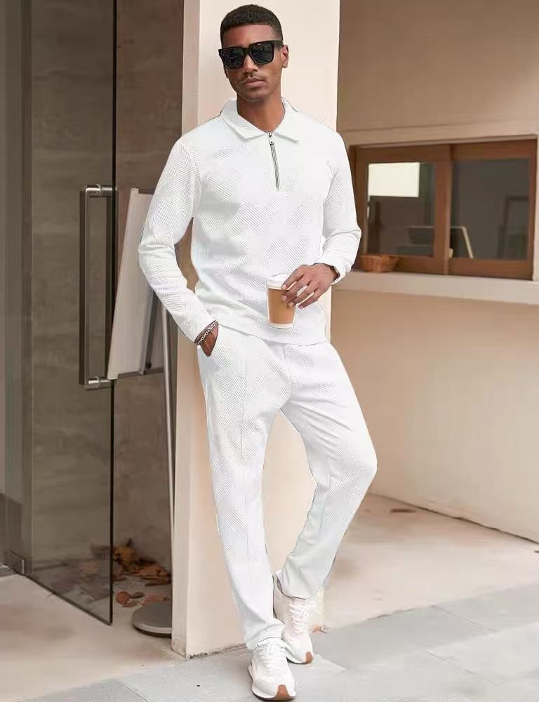 Herrenbekleidung Neue Herren-Jacquard-Langarmhosen Zweiteiler Mode Lässig Sport Einfarbig Anzug Herrenbekleidung_voghion.com