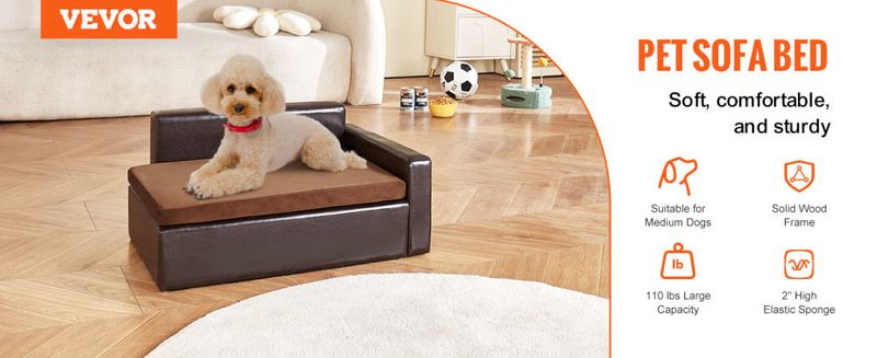 VEVOR Pet Sofa, Dog Couch for Medium-Sized Dogs and Cats, Soft Leather Dog Sofa Bed, 110 lbs Loading Cat Sofa, Black_voghion.com