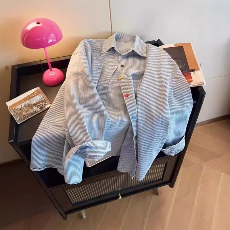 Vintage Blue And White Striped Long Sleeve Denim For Women, Fall 2024 New Design With Colorful Button Turn-down Collar_voghion.com