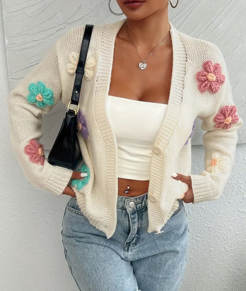 Cardigan brodé floral 3D – Pull oversize en maille avec applications artisanales (4 tailles, mélange de polyester respirant, col en V)_voghion.com