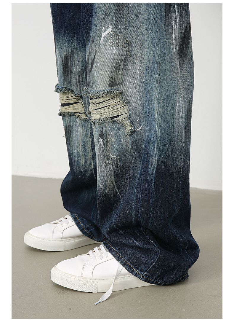 Roupas masculinas retrô jeans desgastado jaqueta lavada solta calças retas_voghion.com