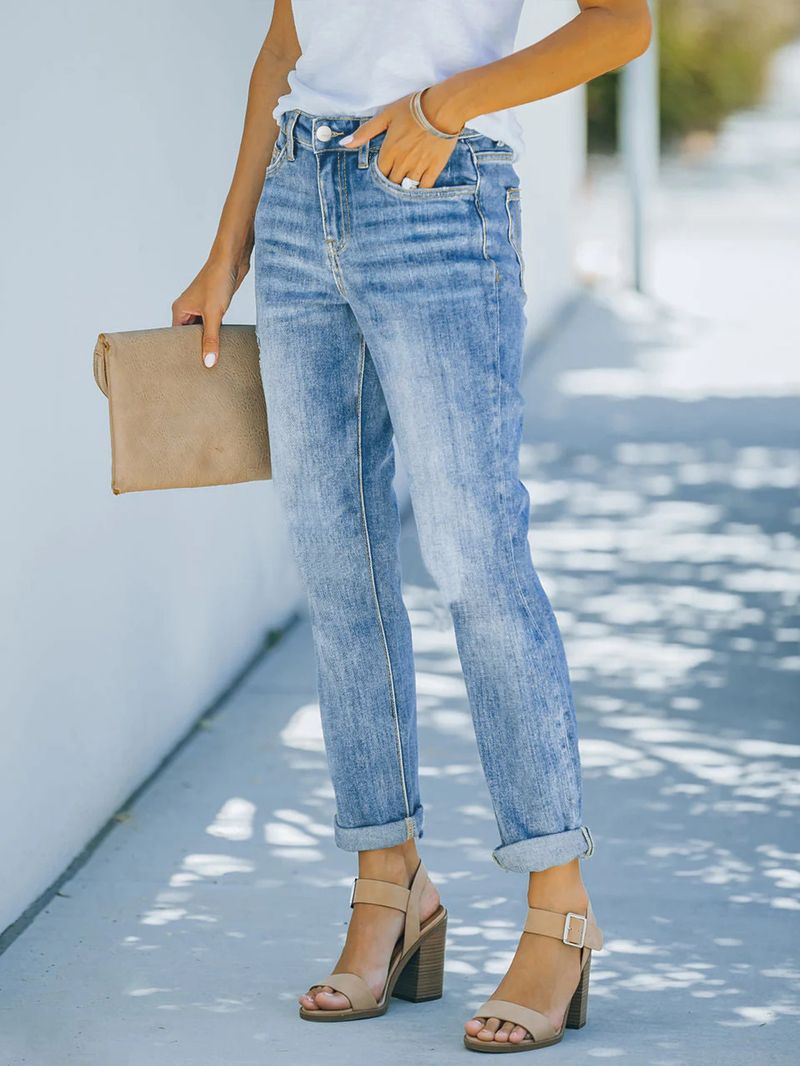 Stretch Denim Straight Leg Jeans For Women - Comfortable High Elasticity Slim Fit Pants With 3D Patterns, Classic Light Blue & Dark Blue Options_voghion.com