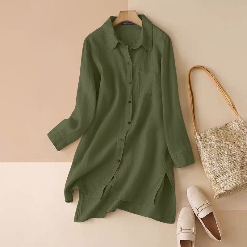 Camicia da donna in cotone sciolto con scollo a V, manica lunga, orlo a fessura, camicia oversize alla moda retrò_voghion.com