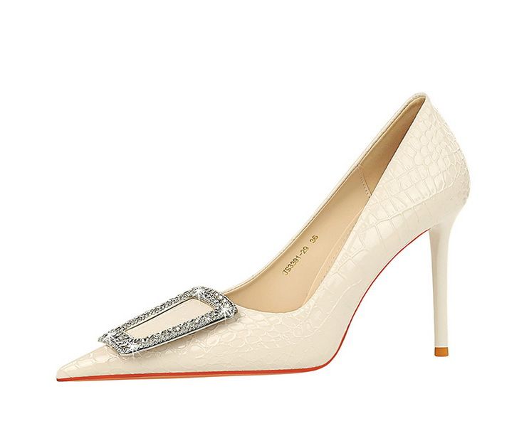 3391-K28 Korean Women's Slim Ultra High Heels Shallow Mouth Sharp Toe Lacquer Skin Snake Pattern Water Diamond Buckle_voghion.com