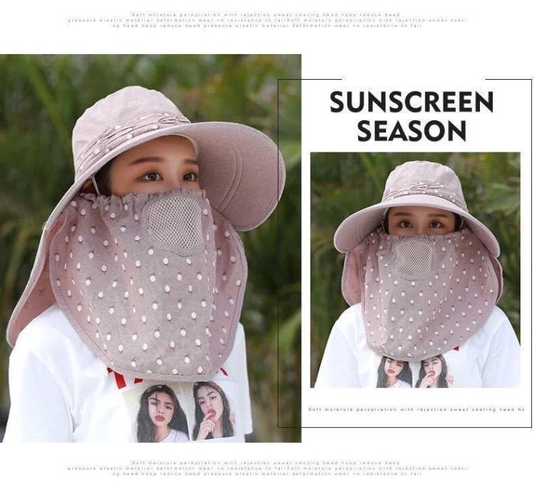 UV Protection Tea Picking Cycling Women's Face Covering Breathable Wide Brim Summer Mask Versatile Cool Sun Hat Travel_voghion.com