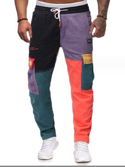Hot Selling Corduroy Trendy Men's Patchwork Color Block Jeans Casual Slim Cargo Pants_voghion.com