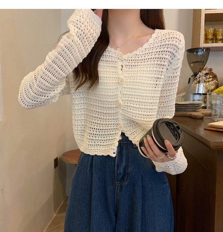 2024 Summer New Hollow Cardigan Women's Long Sleeve Outer Sunscreen Mesh Knitted Small Cover Coat Short Top_voghion.com