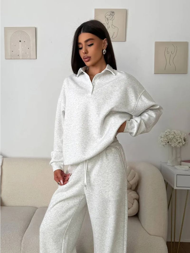 Set sportivi casual da donna, tinta unita, maniche lunghe, pullover con revers abbottonato, felpa, pantaloni con lacci, completo due pezzi_voghion.com
