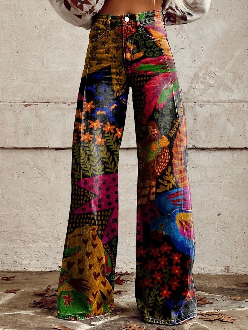 Trendy Plus Size Women's Printed Flare Pants - Stretch Denim-Like Wide Leg Trousers With 3D Patterns, Comfortable & Stylish Casual Wear_voghion.com