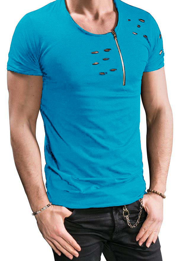 Herrenbekleidung Herren lässige Mode Kurzarm-T-Shirt verbrannte Blume Reißverschluss Dekoration Herrenbekleidung_voghion.com
