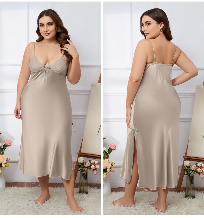 Langes Sommernachthemd aus Eisseide für Damen in Übergröße, Homewear im Hosenträgerstil, bequeme und schöne Koexistenz_voghion.com