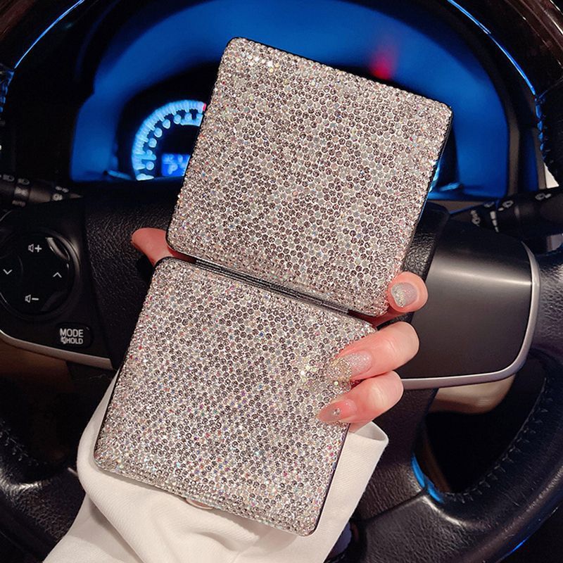 Estuche de acero inoxidable con doble cara de diamantes de imitación: soporte de lujo personalizable con espejo (cuadrado/rectangular, elegante y duradero)_voghion.com