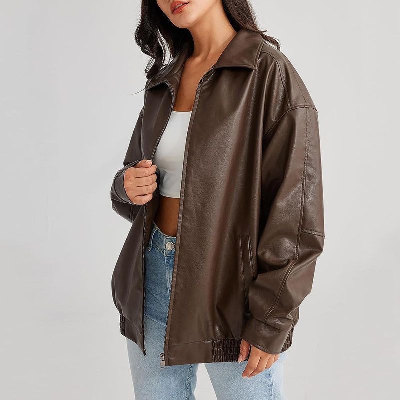Giacca in stile motociclista, con colletto rovesciato, orlo elastico, cerniera, cappotto in pelle PU_voghion.com