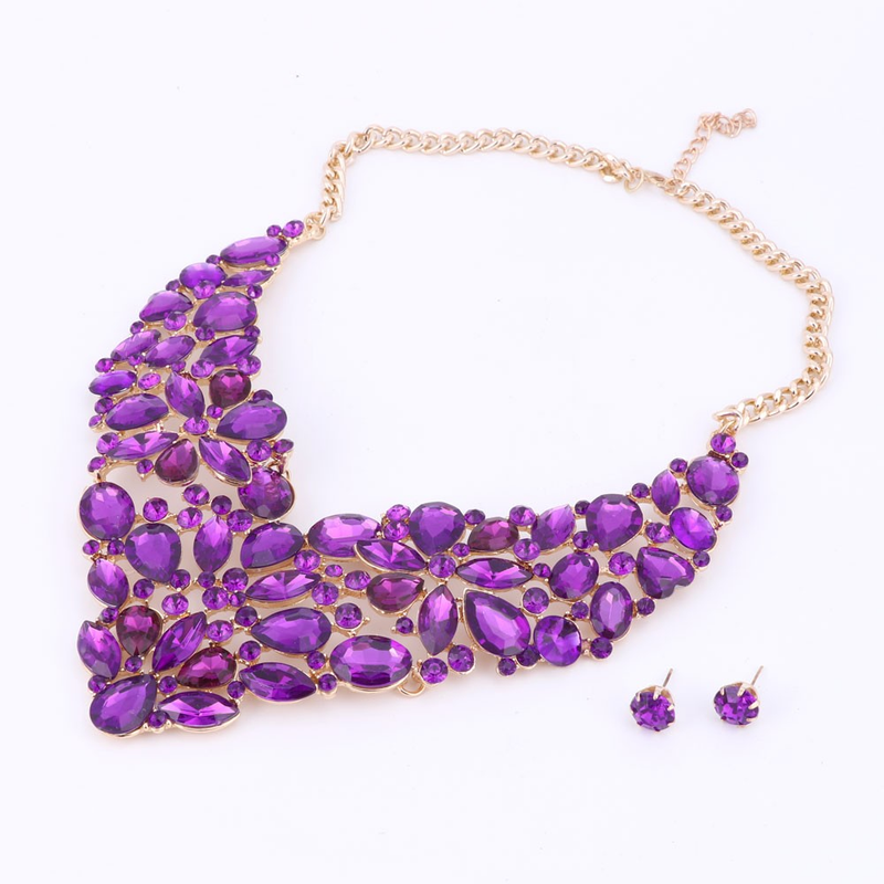 Gioielli con strass trasparenti, collana e orecchini di dichiarazione per le donne, set di gioielli da sposa indiani_voghion.com