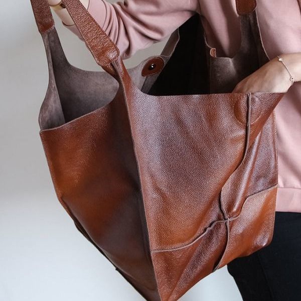 Damentaschen einfache große Tasche weiches Leder große Kapazität eine Schulter Handtasche Einkaufstasche handgemachte pflanzlich gegerbte Damentasche PG21_voghion.com