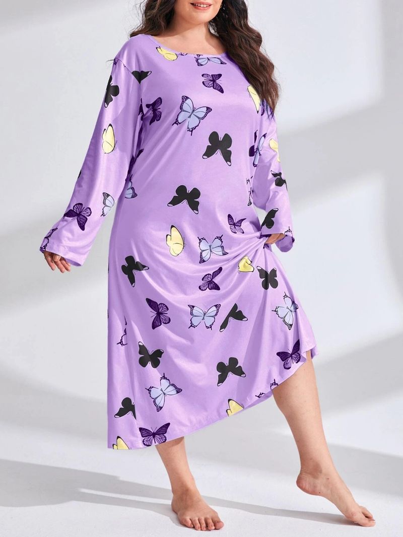 Damenbekleidung Langärmliges Nachthemdkleid mit Schmetterlings- und Herz-Leopardenmuster, überschnittener Schulter, großer Größe_voghion.com