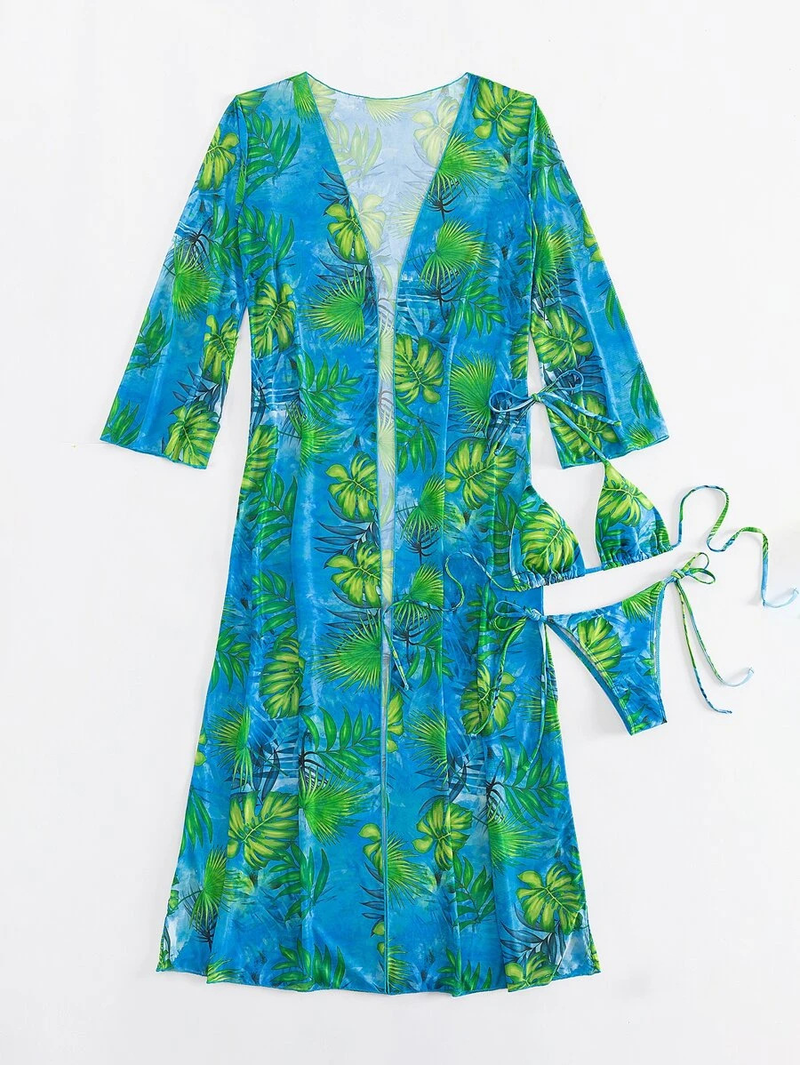 Badekleeder Fraen Split Dräi-Stéck Laangärm Blouse Internet Promi Riemen Bikini_voghion.com