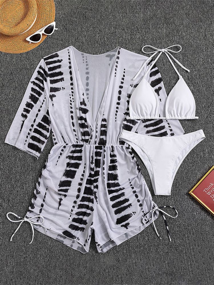 Costume da bagno intero da donna in rete con vita alta, stampa con coulisse, bikini in tre pezzi_voghion.com