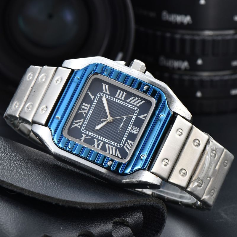 Men's Stainless Steel Square Analog Quartz Watch With Date Display, Business Casual Timepiece, 40.5mm Case, Butterfly Clasp_voghion.com