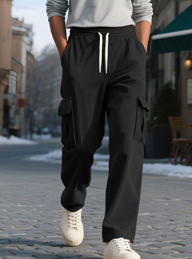 Herrenbekleidung Herren Cord-Arbeitshose – Vintage-Freizeithose mit weitem Bein und praktischen Taschen_voghion.com