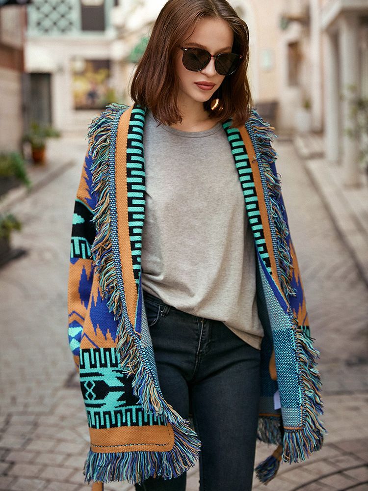 Herfst/winter gebreide trui met lange mouwen van wolmix, losse dikke bohemian jacquard cardiganjas_voghion.com