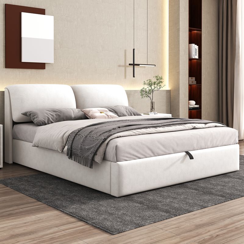 Cadre de lit coffre hydraulique rembourré en velours avec 3 tiroirs, sommier à lattes, beige, 180 x 200 cm, matelas non inclus_voghion.com