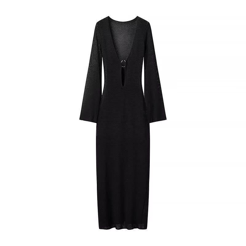 Robe longue à boucle et col en V pour femme, nouvelle collection automne/hiver 2024_voghion.com