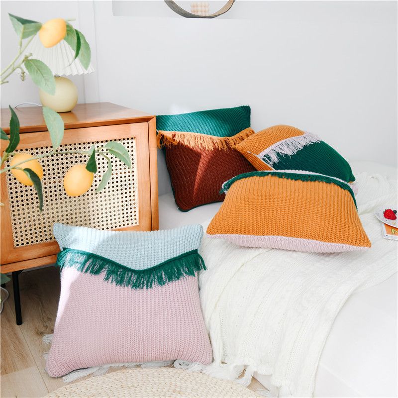 Neuer modischer, gestrickter, garngefärbter Hahnentrittmuster-Plaid-Quasten-Modell-Sofakissen-Kissenbezug im nordischen Stil_voghion.com