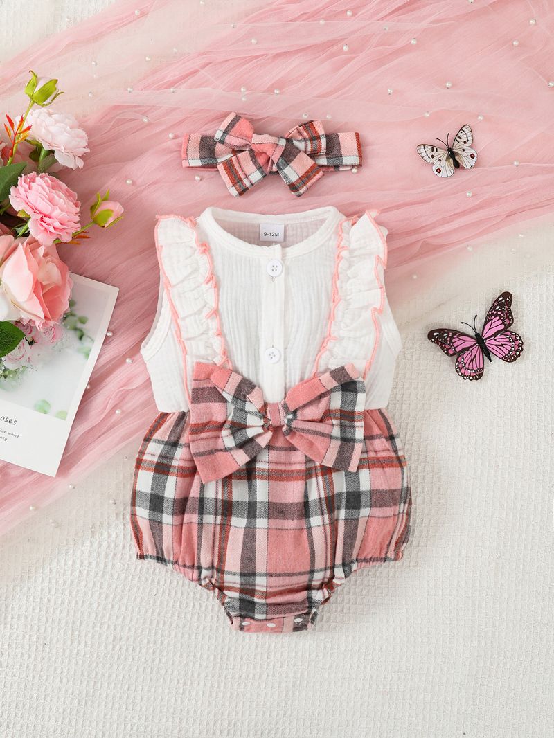 Kids’ Clothing Ins Girls' Sleeveless Stitching Plaid Triangle Romper_voghion.com
