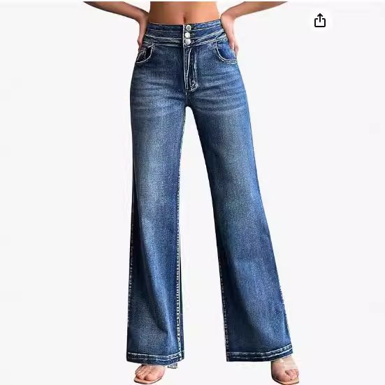 Damen Jeans mit weitem Bein, lässig, hohe Taille, elastisch, lockerer Look, schlank und neu_voghion.com