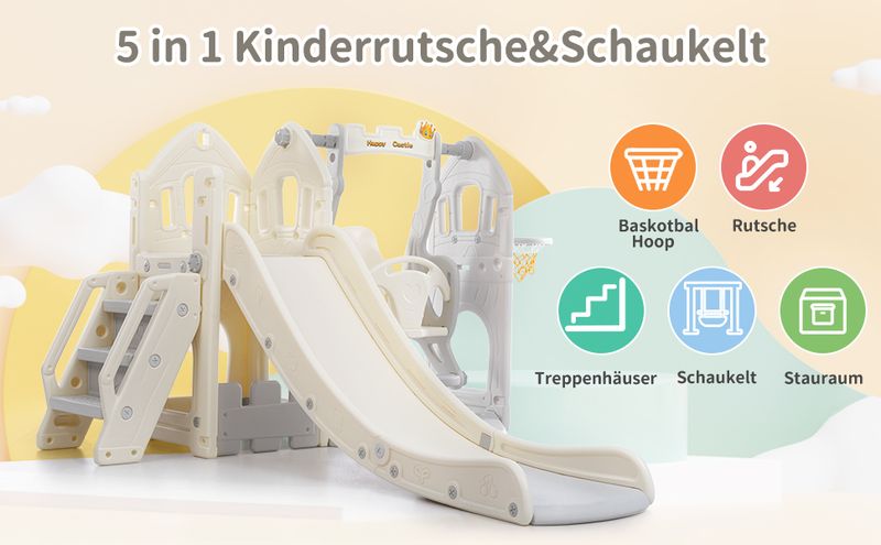 Ensemble de toboggan 5 en 1 pour enfants avec balançoire, escalade, rangement et cadre de basket-ball, toboggan intérieur et balançoire combinés pour enfants_voghion.com