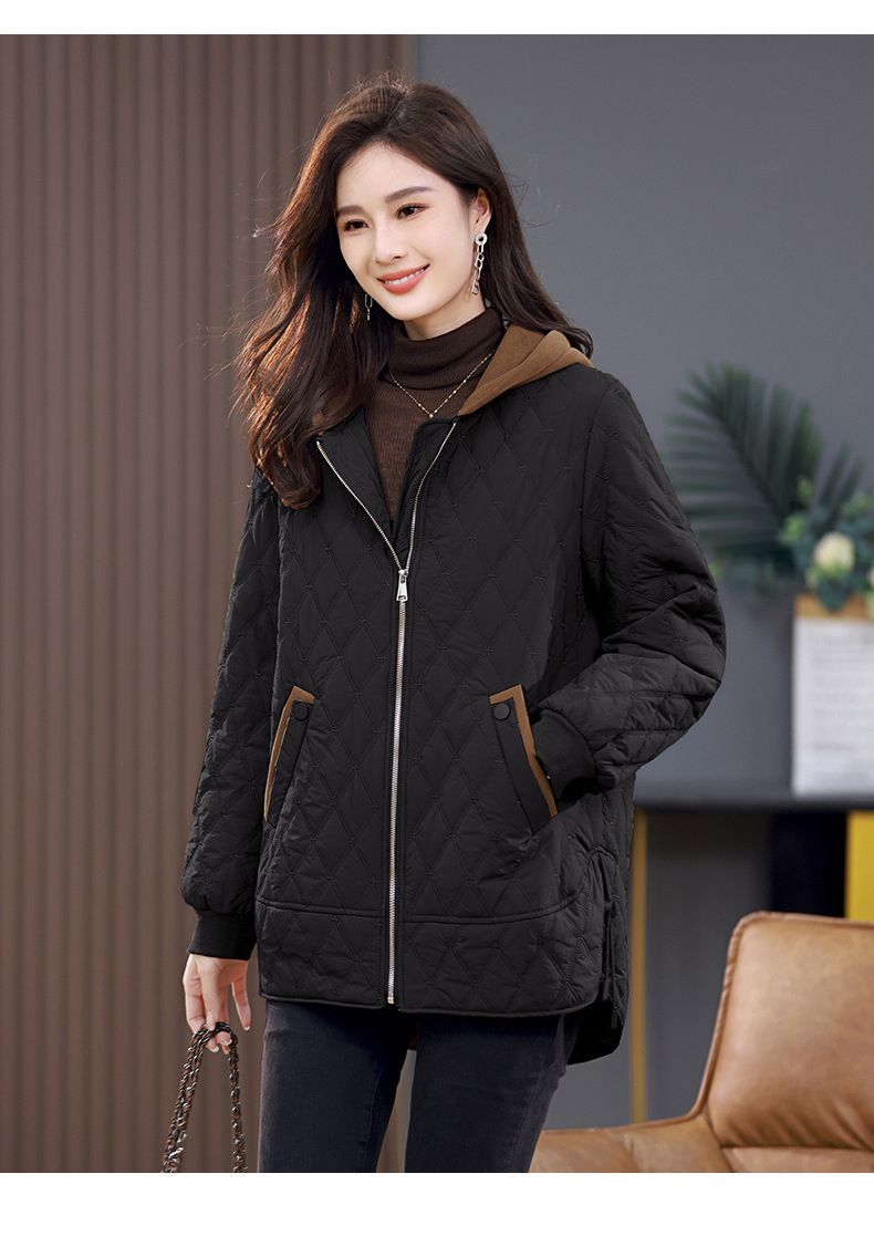 Damen Steppjacke neuer Stil mittellang modischer West-Stil Raute lässig dünner Baumwollmantel_voghion.com