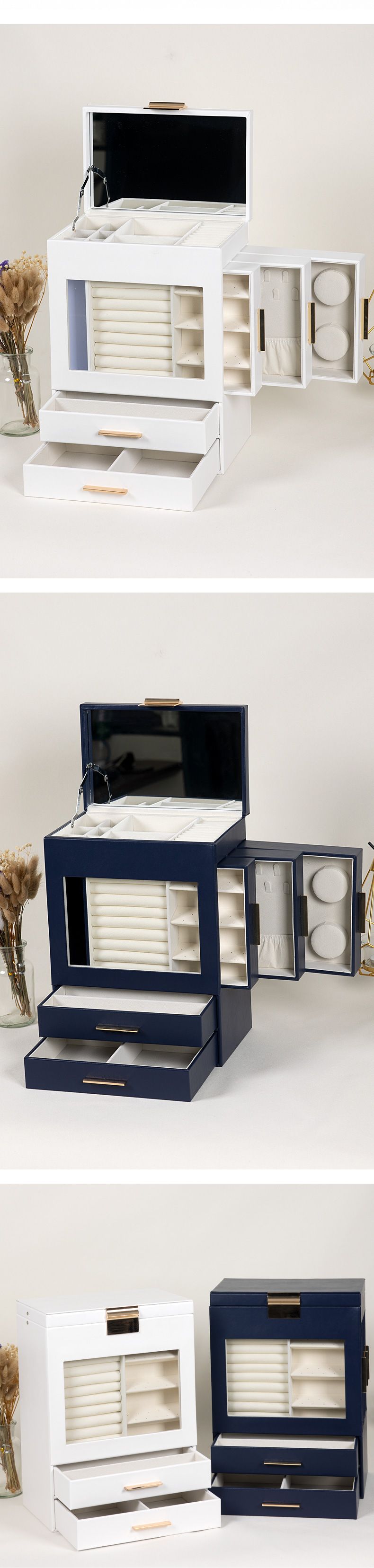 Scatola portagioie di lusso in pelle PU con 5 cassetti - Vetrina con finiture dorate per orologi e anelli_voghion.com