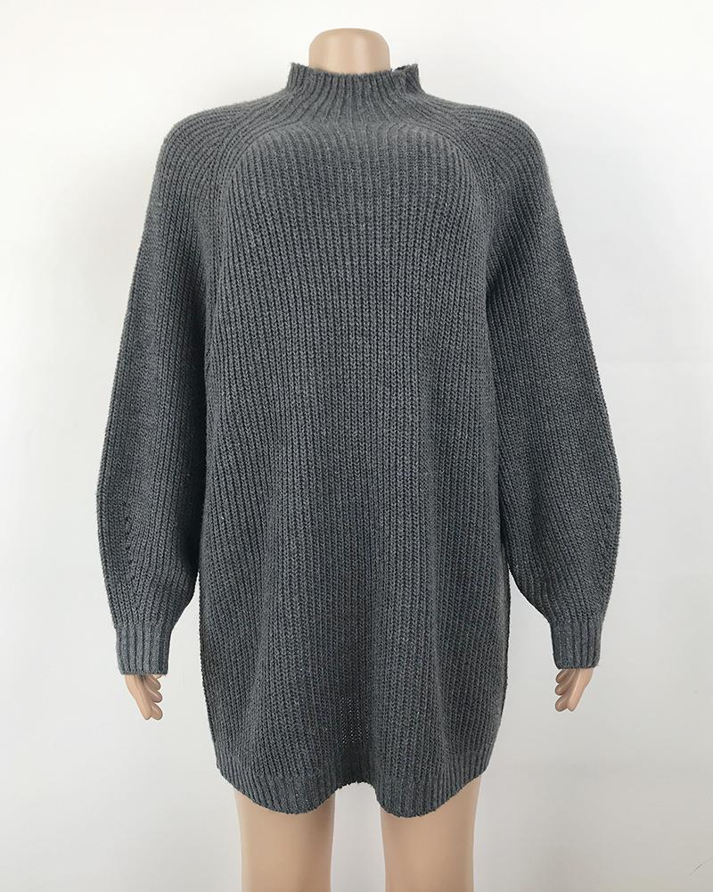 Knitted Sweater Mid-Length Raglan Sleeve Half Turtleneck Sweater Dress_voghion.com